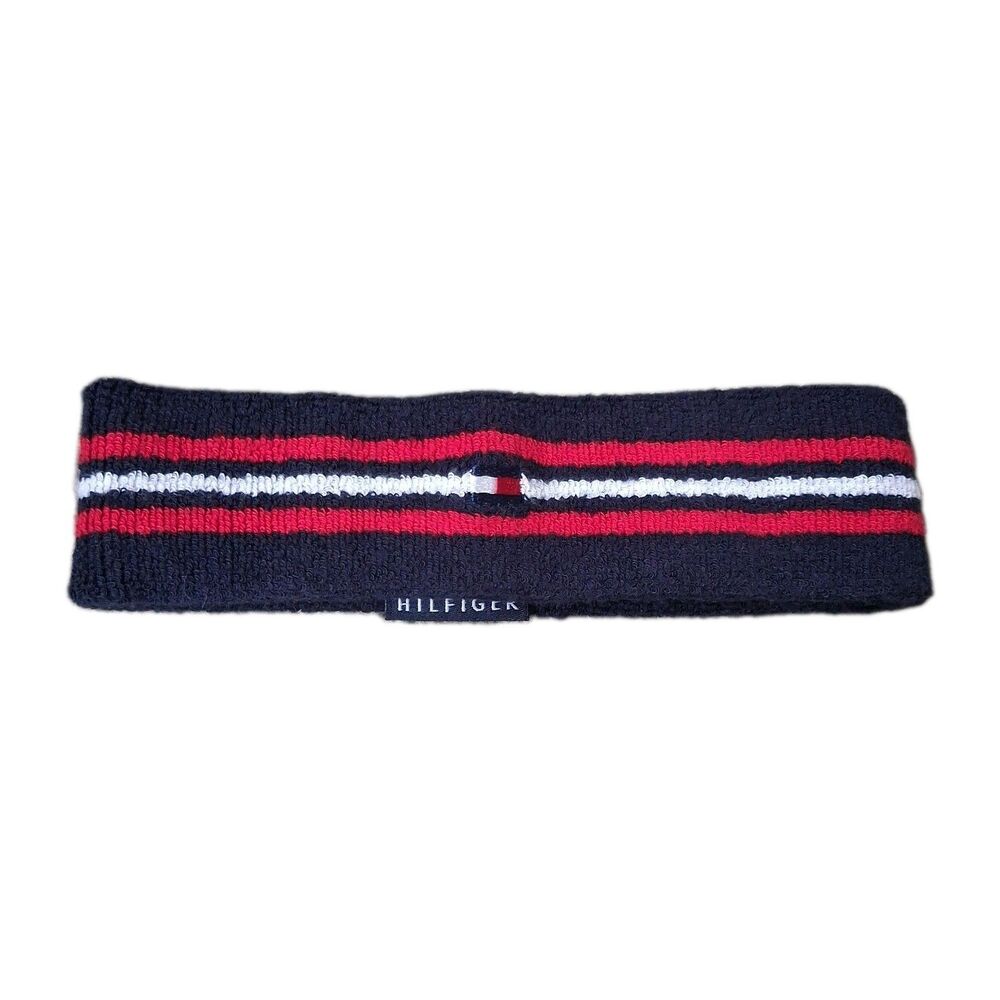 Vintage Tommy Hilfiger Athletic Knit Headband Stripe Sweatband Y2K Navy Blue